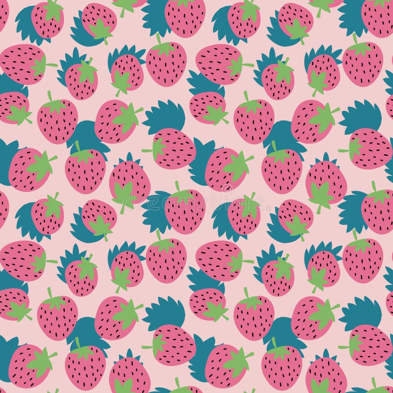 Seamless kids style summer pattern with hand drawn pink strawberries turquoise leaves on pastel background. Fabric textile