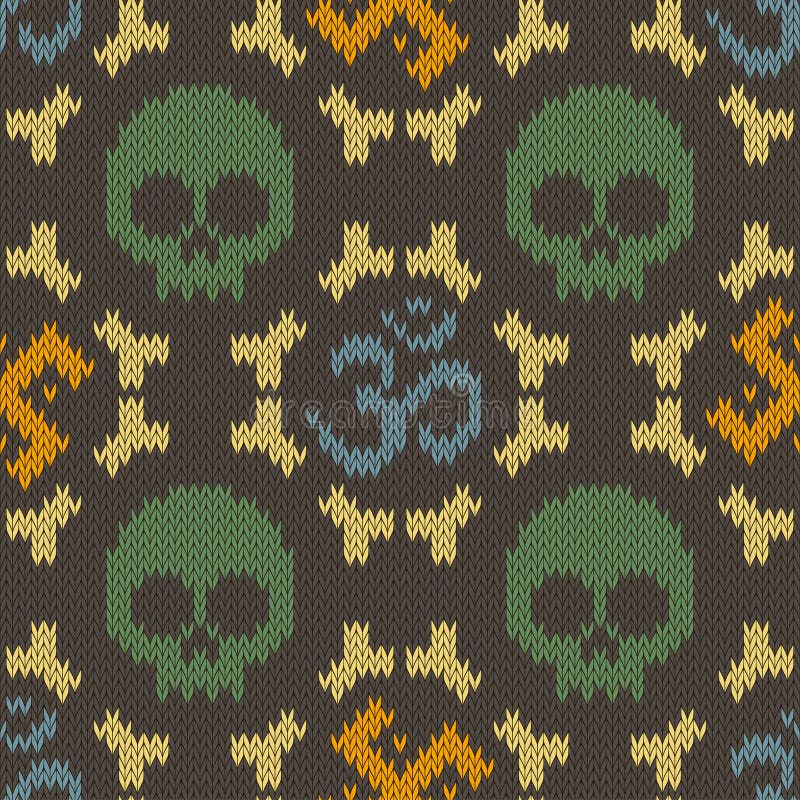 Seamless knitted pattern with sacred Hinduism symbols. Sacred syllable, symbol or mantra Om. Swastika, skull and bones stock illustration Seamless knitted pattern with sacred Hinduism symbols. Sacred syllable, symbol or mantra Om. Swastika, skull and bones stock illustration
