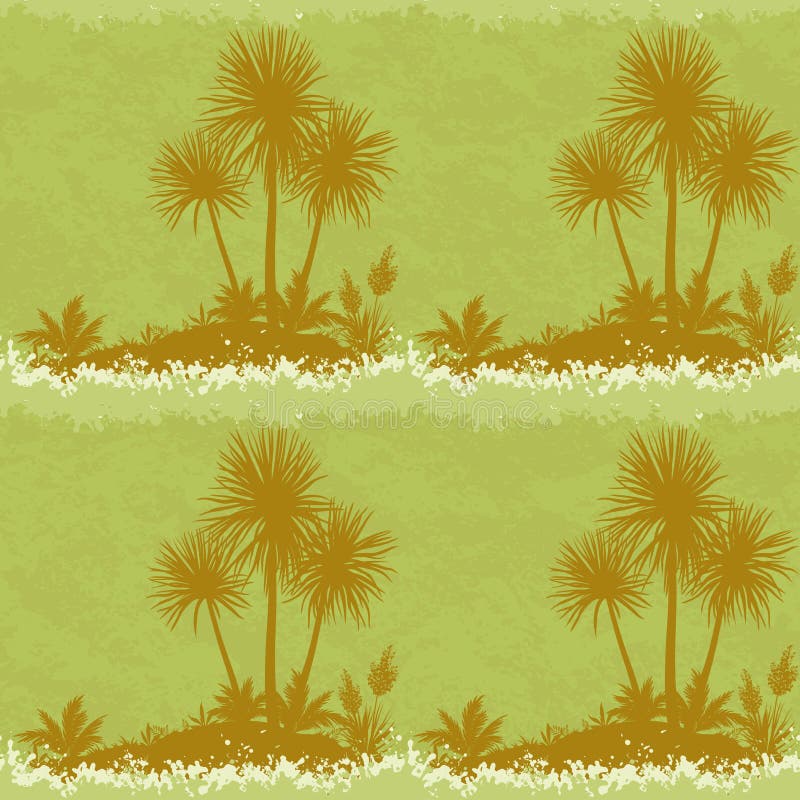 Seamless Landscape, Palms and Plants Silhouettes.