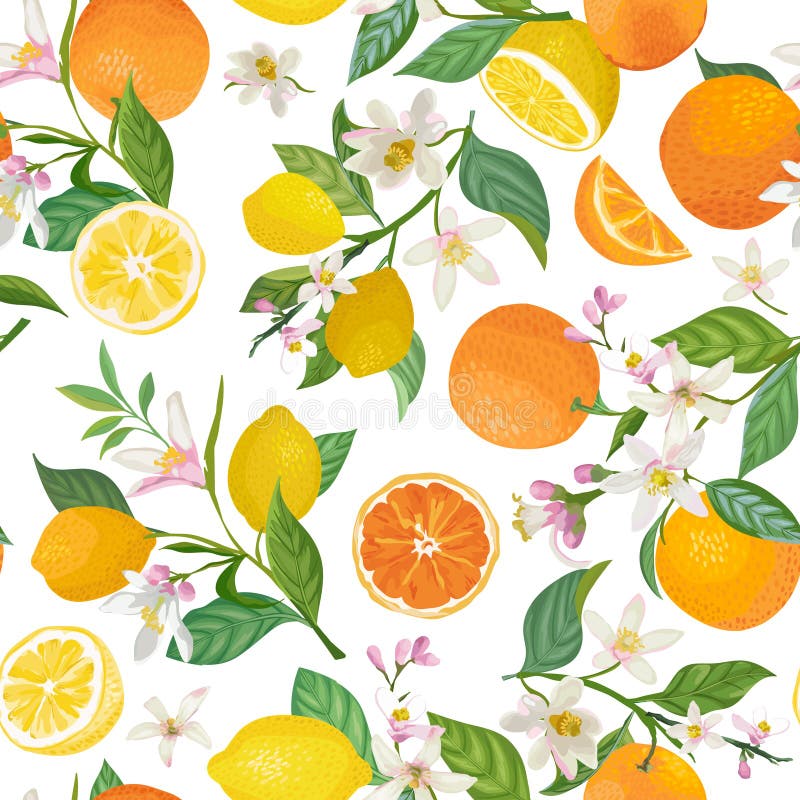 Seamless Lemon and Orange pattern with tropic fruits, leaves, flowers background. Hand drawn illustration summer cover vector illustration