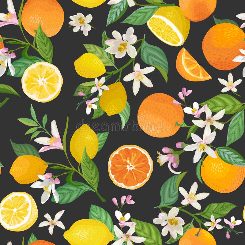 Seamless Lemon and Orange pattern with tropic fruits, leaves, flowers background. Hand drawn illustration summer cover royalty free illustration