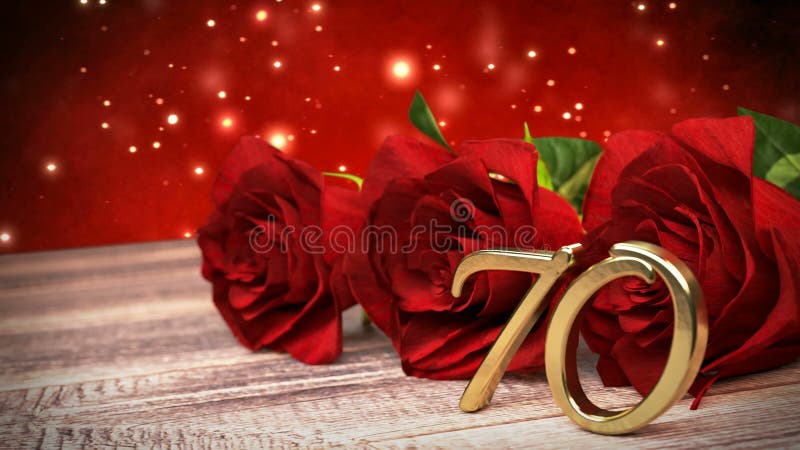 Seamless loop birthday background with red roses on wooden desk. seventieth birthday. 70th. 3D render