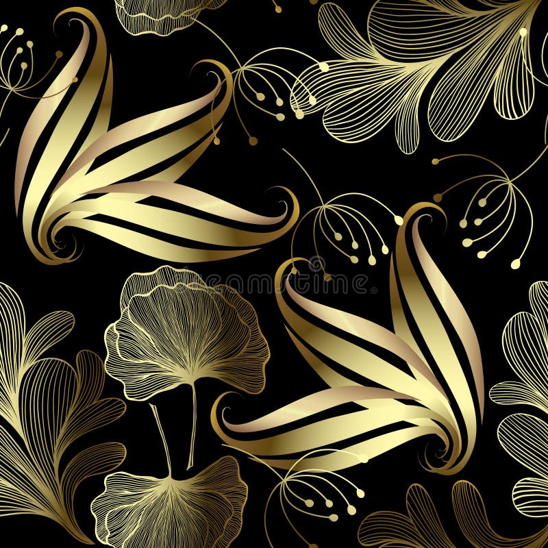 Seamless Luxus 3D Blumenmuster mit Linienkunst leuchtende goldene Blätter feine Linie botanische Elemente Blumenblätter und elegan lizenzfreie abbildung