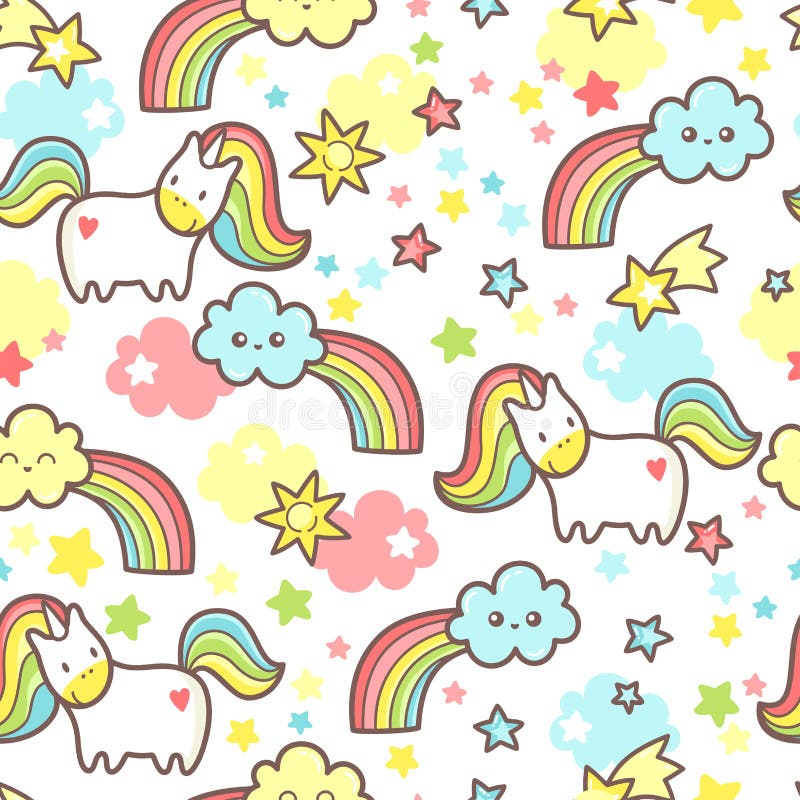 Seamless Magic Pattern with Cute Kawaii Unicorn, Rainbows, Stars and ...