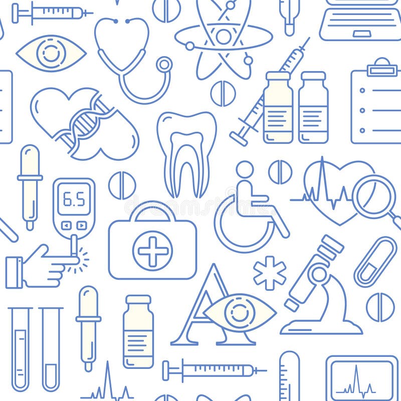 Seamless Medical Background with Line Style Blue Icons on White