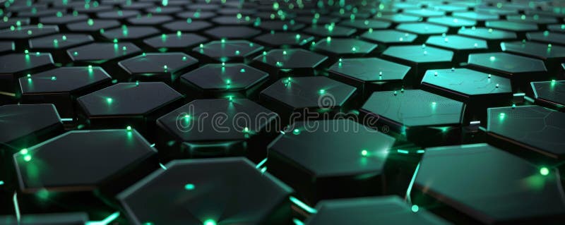 A seamless metallic texture featuring a grid of interconnected hexagons and glowing green royalty free stock images