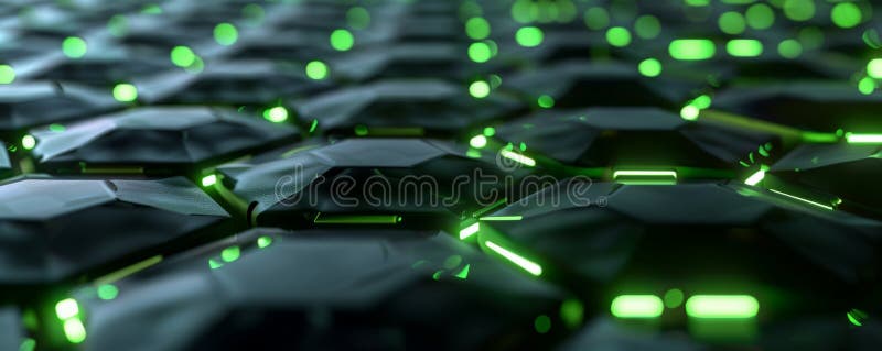A seamless metallic texture featuring a grid of interconnected hexagons and glowing green royalty free stock photography