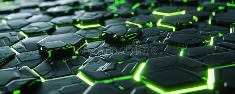 A seamless metallic texture featuring a grid of interconnected hexagons and glowing green royalty free stock image