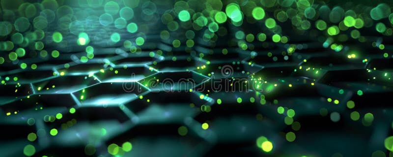 A seamless metallic texture featuring a grid of interconnected hexagons and glowing green stock images