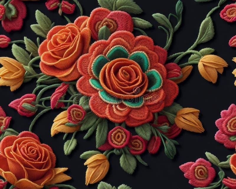 Mexican Embroidery Flowers Hyper Realistic Wallpaper Design Stock