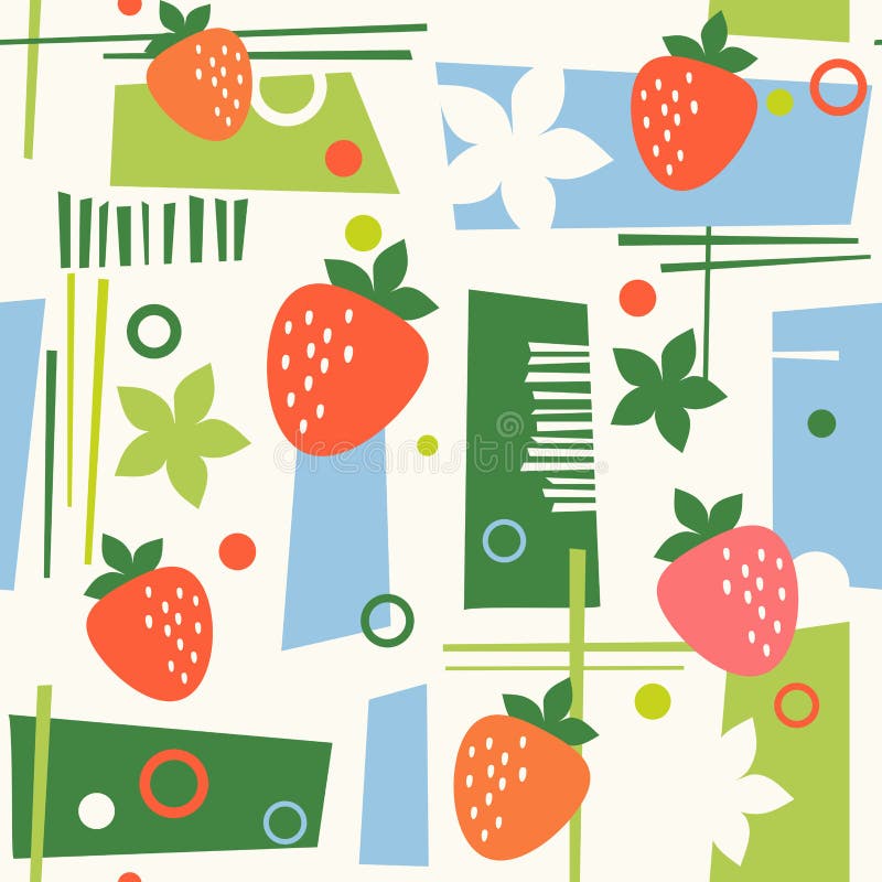 Seamless mid century modern Summer pattern with strawberries