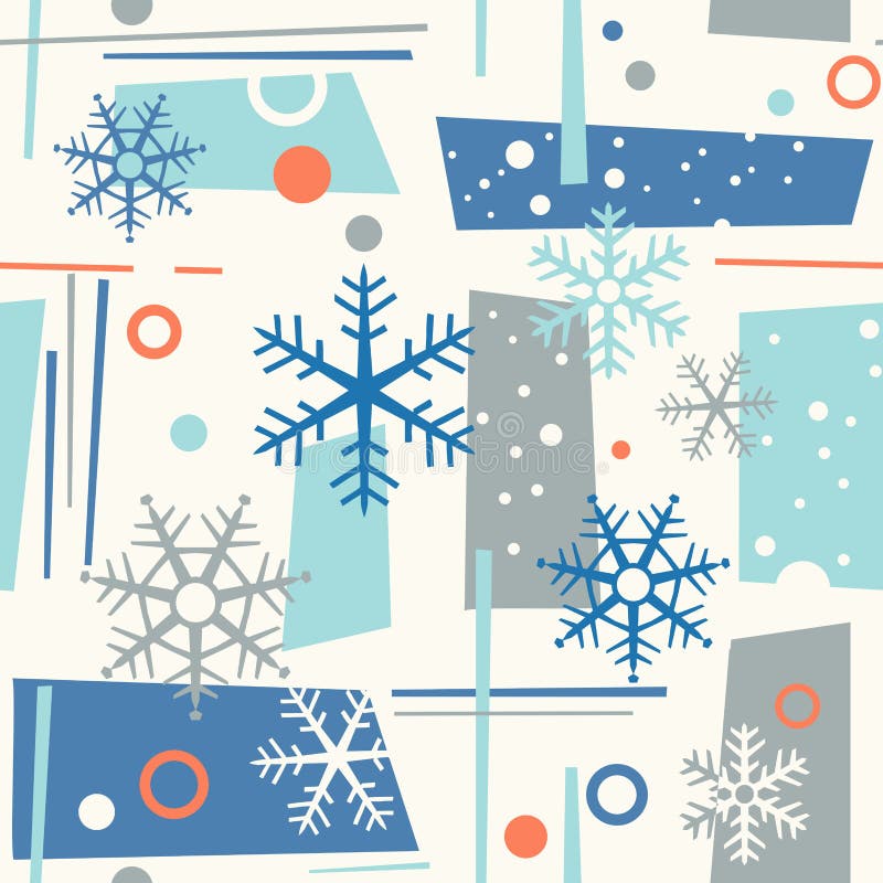 Seamless mid century modern winter pattern with snowflakes