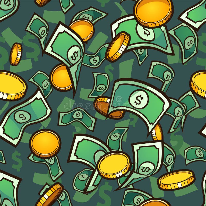 Seamless money pattern with golden coins and bills. stock illustration