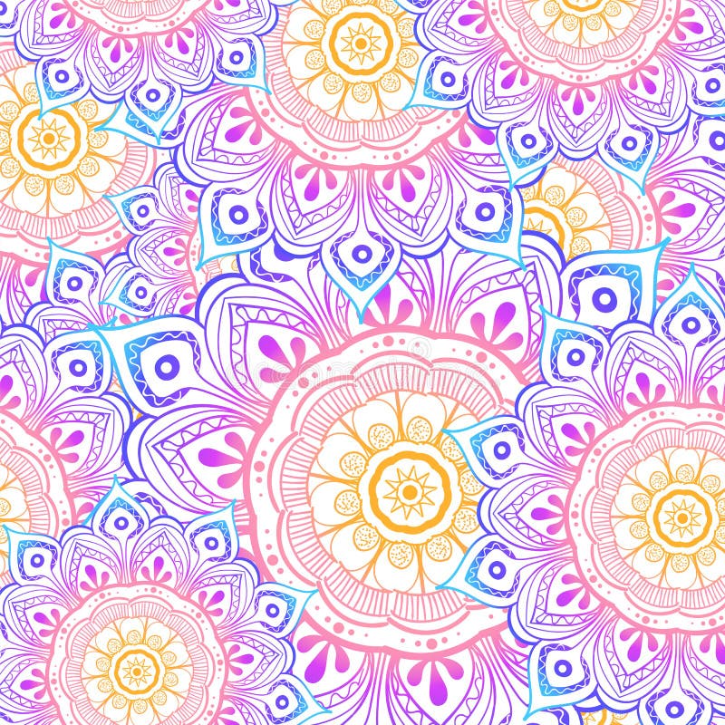 Seamless multicolor pattern with oriental mandalas. Hippie mandala pattern. Kaleidoscope elements. Fabric, wallpaper or royalty free illustration