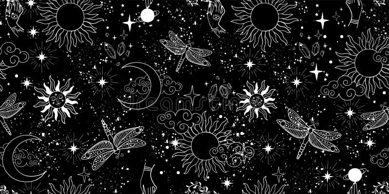 Seamless mystical pattern, universe with stars, moon and sun. Space background, magic signs and symbols. Flat vector