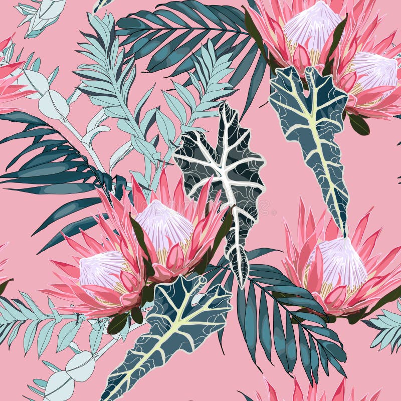 seamless naturmodell Utdragen tropisk sommarbakgrund för hand: exotiska blåa sidor och rosa proteablommor stock illustrationer seamless naturmodell Utdragen tropisk sommarbakgrund för hand: exotiska blåa sidor och rosa proteablommor stock illustrationer