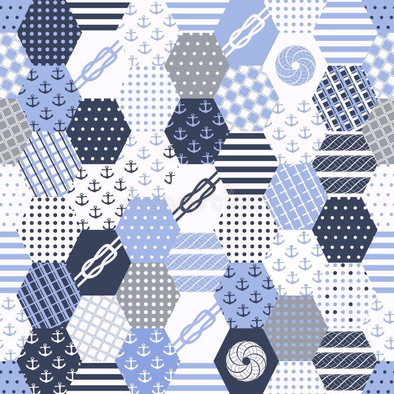Seamless with Nautical Motif. Coloful Marine Patchwork Background. Set