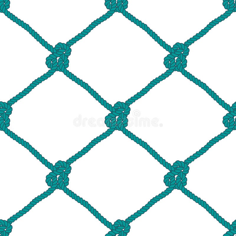 Seamless nautical rope knot pattern. Endless navy illustration with green fishing net ornament and marine knots on white backdrop. Trendy maritime style background. For fabric, wallpaper, wrapping.