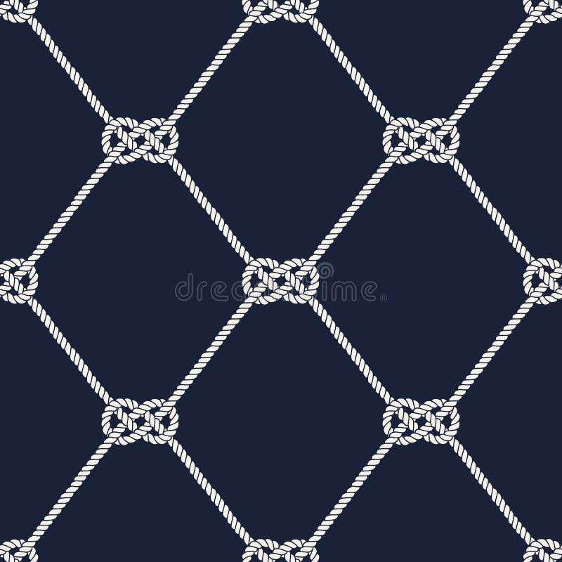 Seamless nautical rope pattern. Endless navy illustration with white loop ornament. Marine Carrick Bend knots on dark blue backdrop. Trendy maritime style background. For fabric, wallpaper, wrapping. Seamless nautical rope pattern. Endless navy illustration with white loop ornament. Marine Carrick Bend knots on dark blue backdrop. Trendy maritime style background. For fabric, wallpaper, wrapping