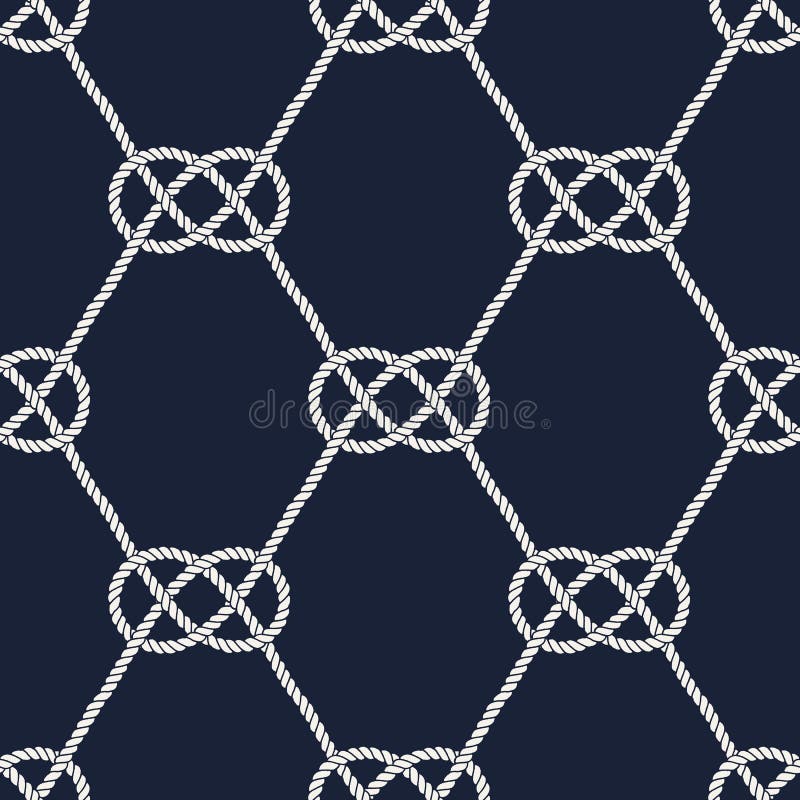 Seamless nautical rope pattern. Endless navy illustration with white loop ornament. Marine Carrick Bend knots on dark blue backdrop. Trendy maritime style background. For fabric, wallpaper, wrapping. Seamless nautical rope pattern. Endless navy illustration with white loop ornament. Marine Carrick Bend knots on dark blue backdrop. Trendy maritime style background. For fabric, wallpaper, wrapping