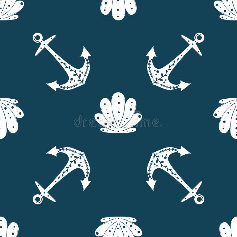 Seamless ocean background with anchor and shells. Summer vector design. For pattern fills, wallpaper, print for clothers