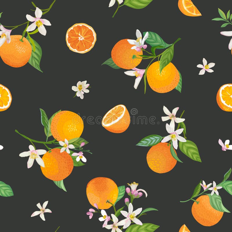 Seamless Orange pattern with tropic fruits, leaves, daisy flowers background. Hand drawn illustration in watercolor style summer vector illustration
