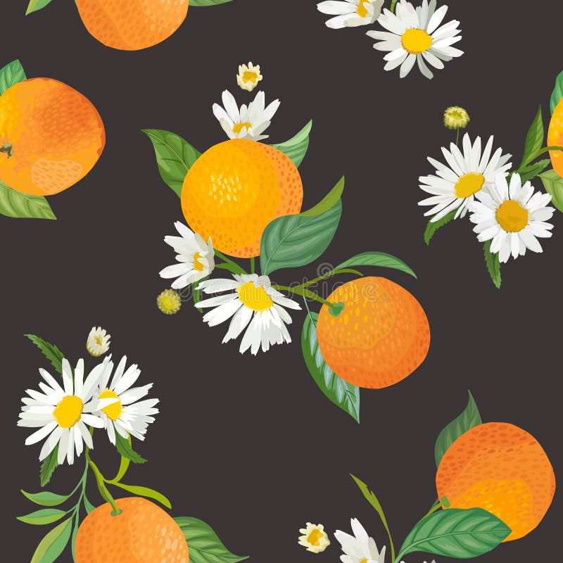 Seamless Orange pattern with tropic fruits, leaves, daisy flowers background. Hand drawn illustration in watercolor style summer stock illustration