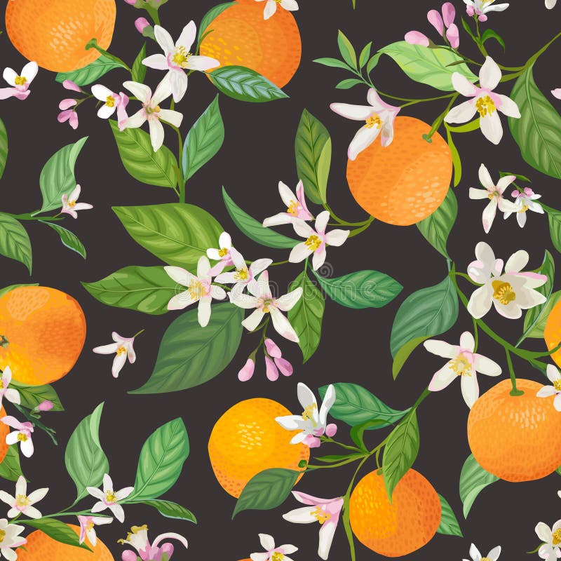 Seamless Orange pattern with tropic fruits, leaves, daisy flowers background. Hand drawn illustration in watercolor style summer vector illustration