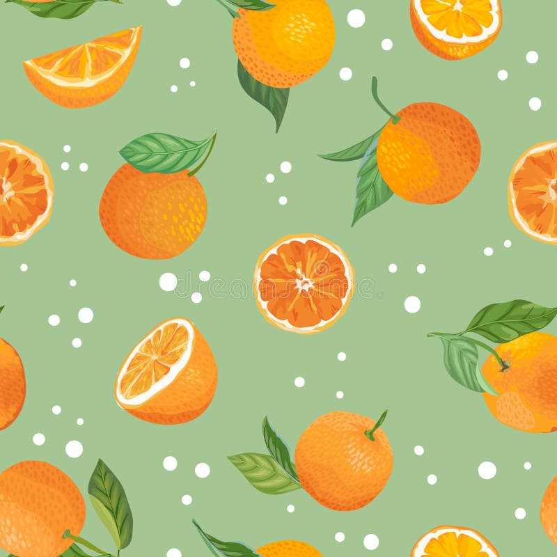 Seamless Orange pattern with tropic fruits, leaves, daisy flowers background. Hand drawn illustration in watercolor style summer stock illustration