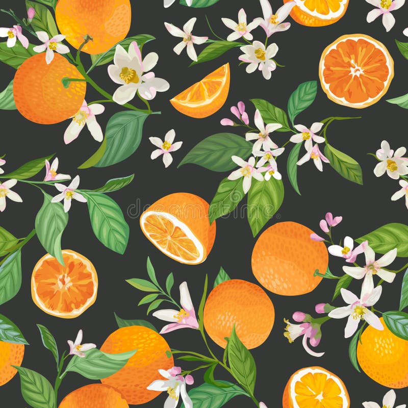 Seamless Orange pattern with tropic fruits, leaves, daisy flowers background. Hand drawn illustration in watercolor style summer vector illustration