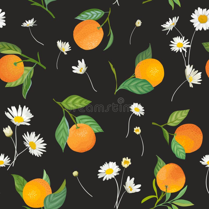 Seamless Orange pattern with tropic fruits, leaves, daisy flowers background. Hand drawn illustration in watercolor style royalty free illustration