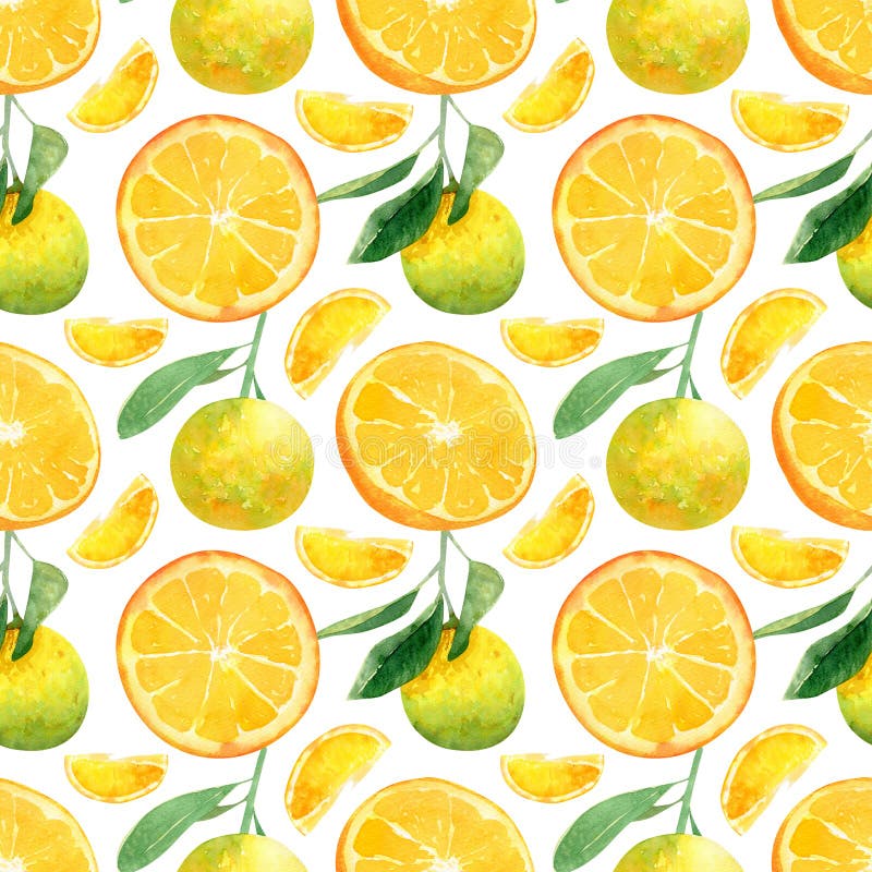 Seamless oranges pattern. Watercolor background with sweet juice orange fruits and slices for summer textile, kitchen decor, wallpaper prints. Seamless pattern bright oranges stock images, royalty-free photos and pictures