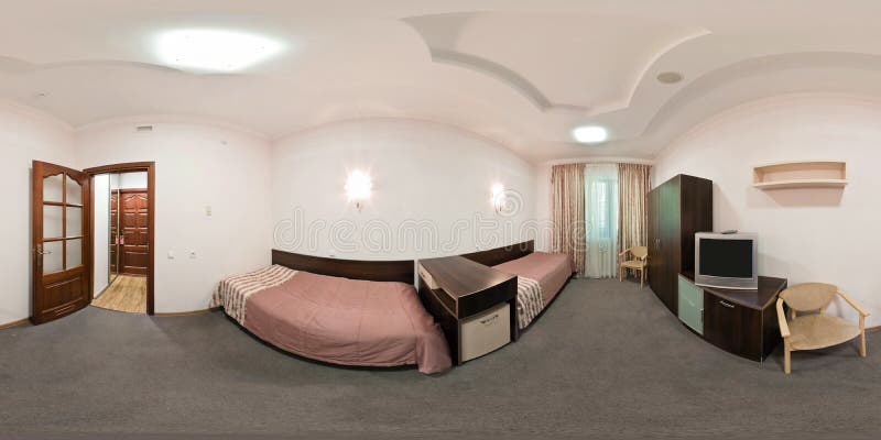 Seamless 360 Panorama in Interior of Bedroom of Cheap Hostel, Flat or Apartments with Chairs and