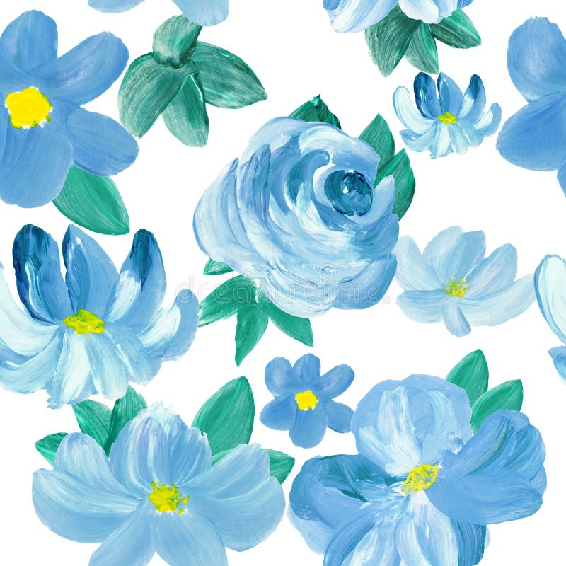 Seamless Pattern of Abstract Blue Flowers, Art Painting, Creative Hand ...