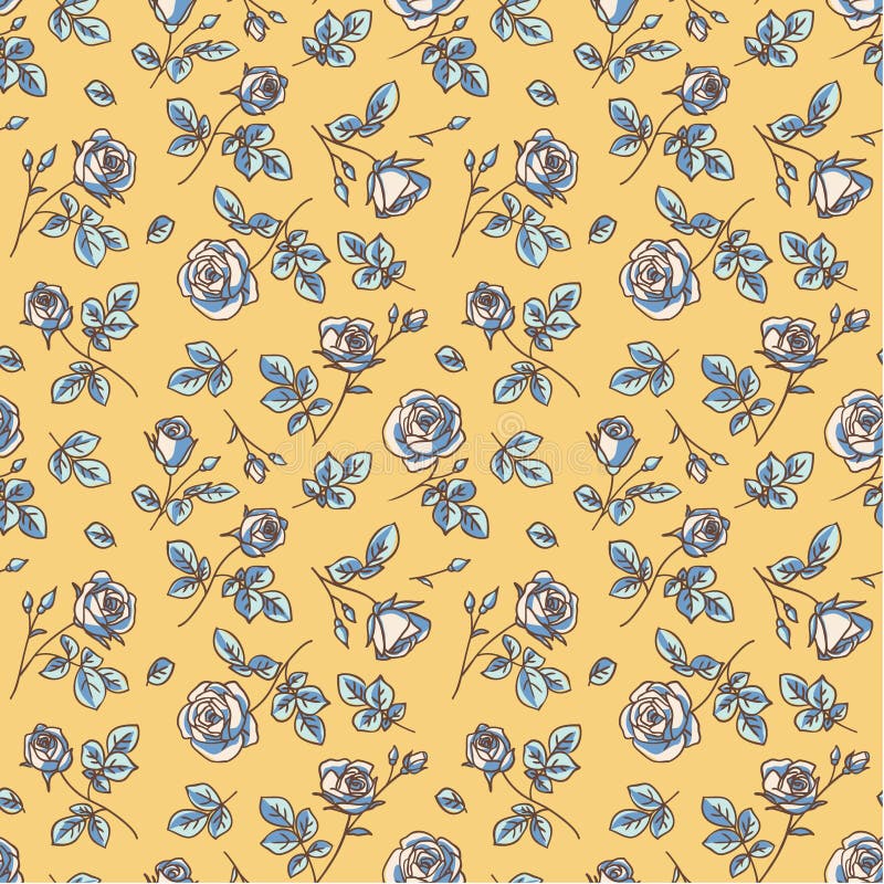 Seamless pattern. Abstract blue garden roses on yellow background. Vintage flowers wallpaper.