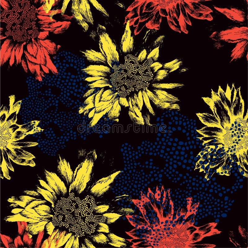 Seamless pattern with abstract flowers on black ba royalty free illustration