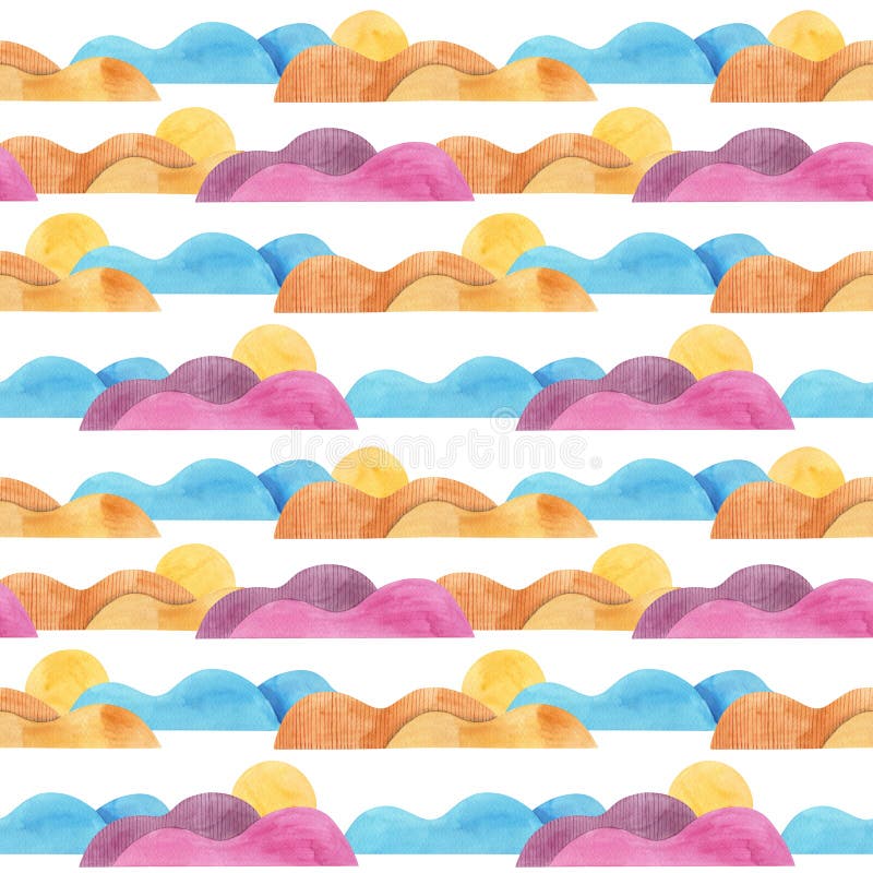 Seamless pattern with Abstract sunrise in colorful mountains. Set of watercolor landscapes isolated.