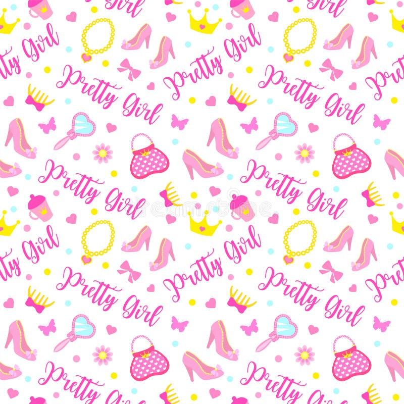 Seamless pattern with accessories of a little cute princess, pretty girl. Endless background for girls. Vector illustration