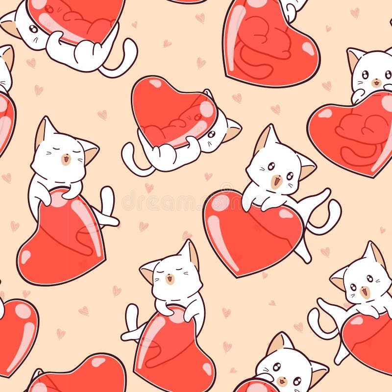 Seamless pattern adorable cats and hearts in Valentines day