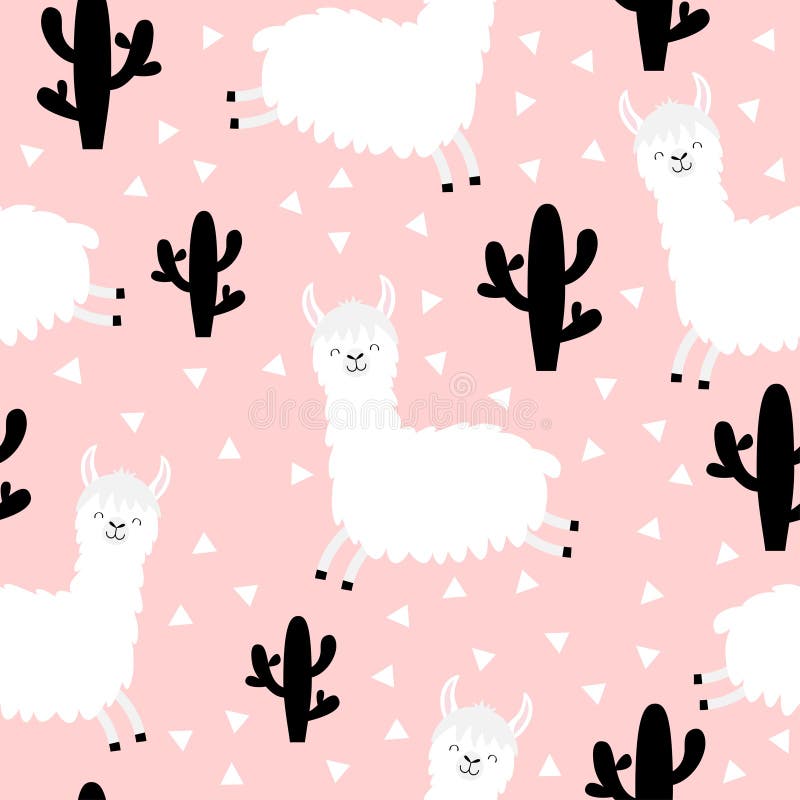 Seamless Pattern. Alpaca llama jumping. Cactus plant Cute cartoon kawaii funny smiling baby character. Wrapping paper, textile