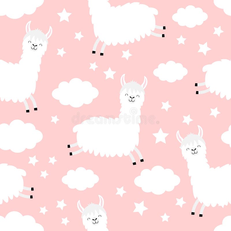 Seamless Pattern. Alpaca llama jumping. Cloud star in the sky. Cute cartoon kawaii funny smiling baby character. Wrapping paper