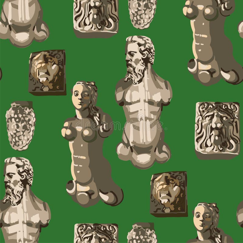 Seamless pattern of ancient statues of a muscular man with a beard, beautiful woman and growling lions heads vector illustration Seamless pattern of ancient statues of a muscular man with a beard, beautiful woman and growling lions heads vector illustration