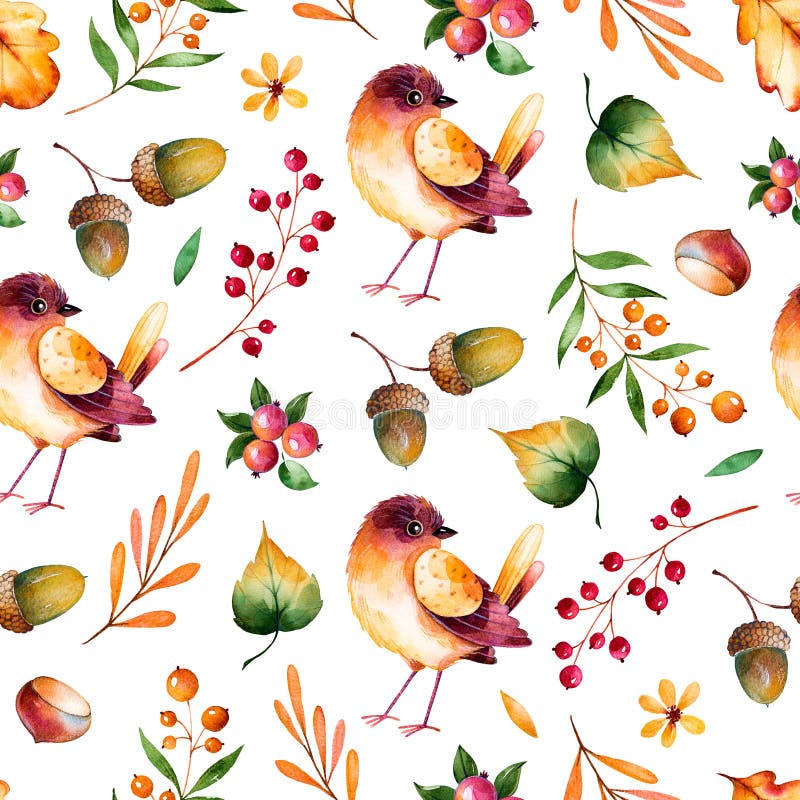 Seamless pattern with autumn leaves,flowers,branches,berries and little bird. vector illustration Seamless pattern with autumn leaves,flowers,branches,berries and little bird. vector illustration