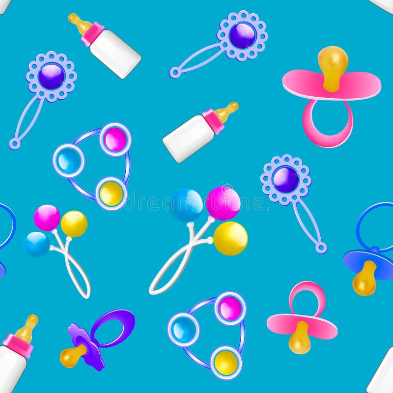 Seamless pattern of baby rattles and pacifiers vector illustration
