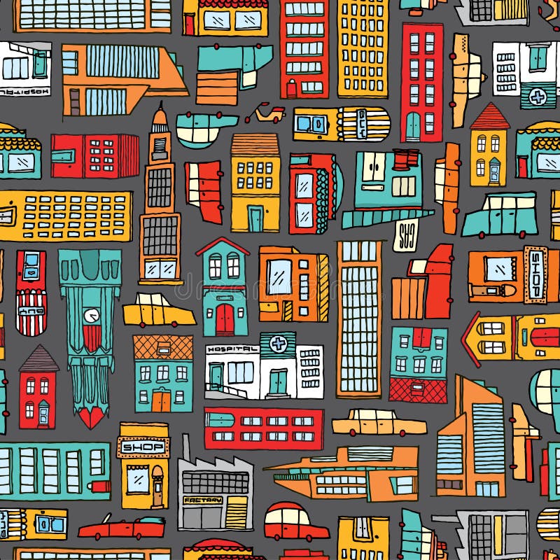 Cartoon illustration urban background or seamless colorful city pattern. Cartoon illustration urban background or seamless colorful city pattern