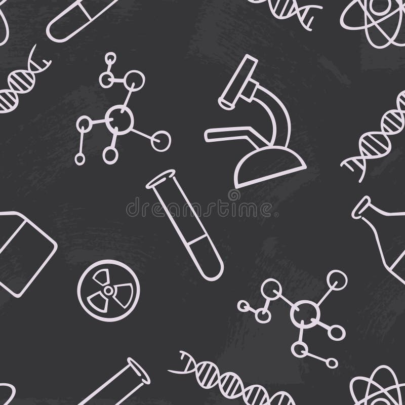 Seamless pattern background chemistry. Science vector. Wallpaper chemical instruments. University and school education. The stock illustration Seamless pattern background chemistry. Science vector. Wallpaper chemical instruments. University and school education. The stock illustration