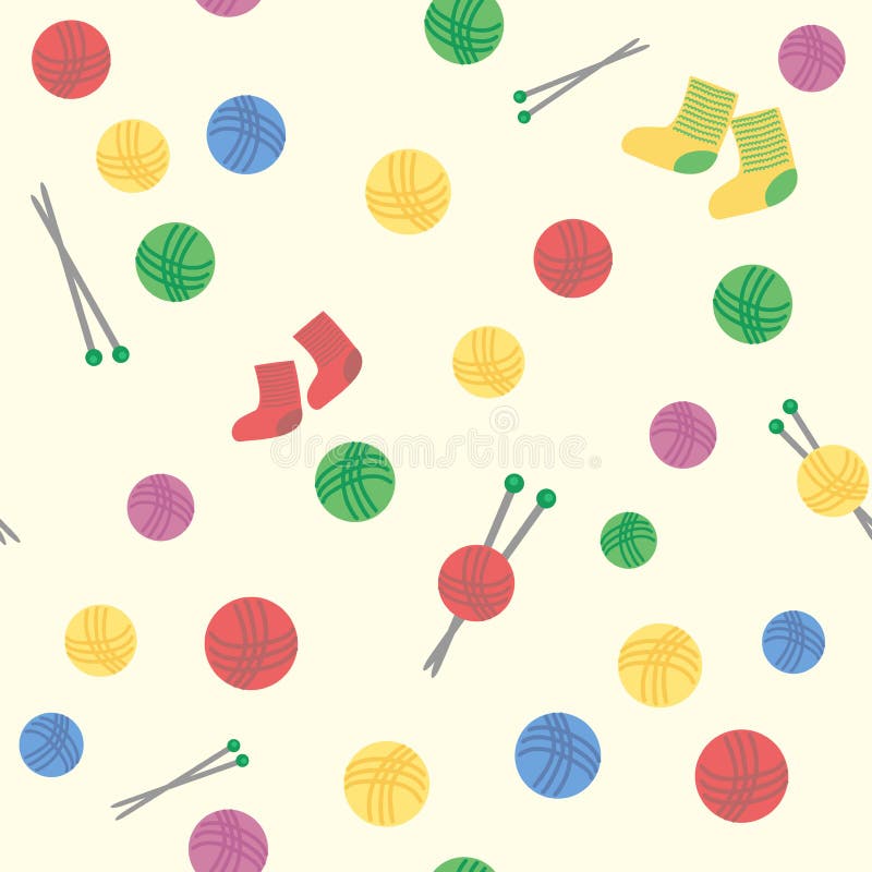 Seamless pattern background of colorful woolen balls of thread and knitting a pair of socks.
