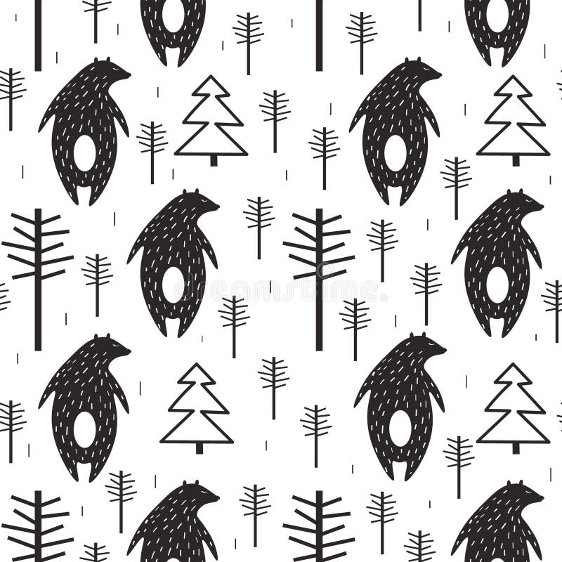 Black and white seamless pattern, bears, fir trees and trees. Decorative cute background, animals and forest