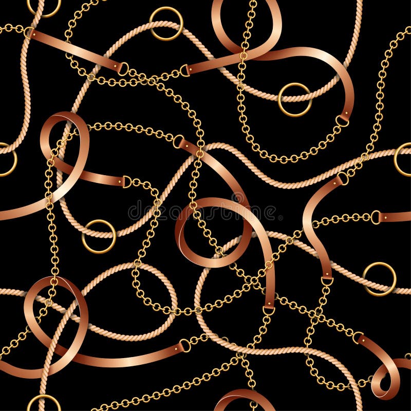 Seamless Pattern with Belts, Chains and Rope on Black Background Stock