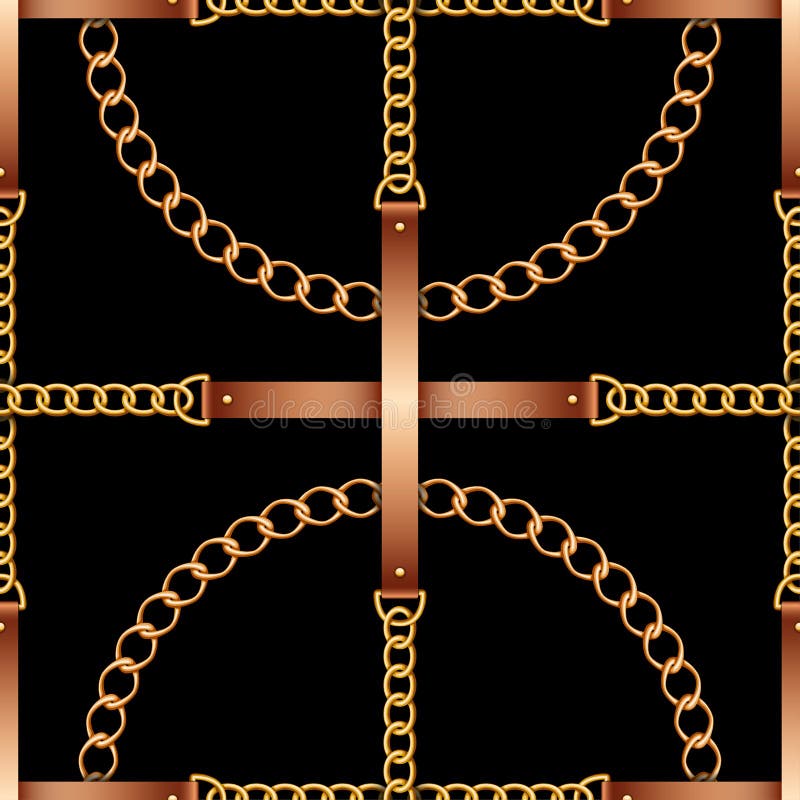 Seamless Pattern with Belts, Chains and Rope on Black Background Stock